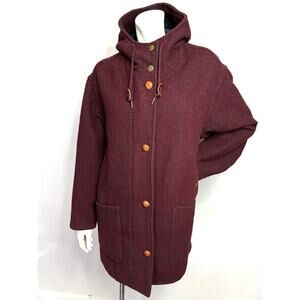 LL Bean Wool Blend Coat Womens M Medium Vintage 90s Pockets Hooded Burgundy USA